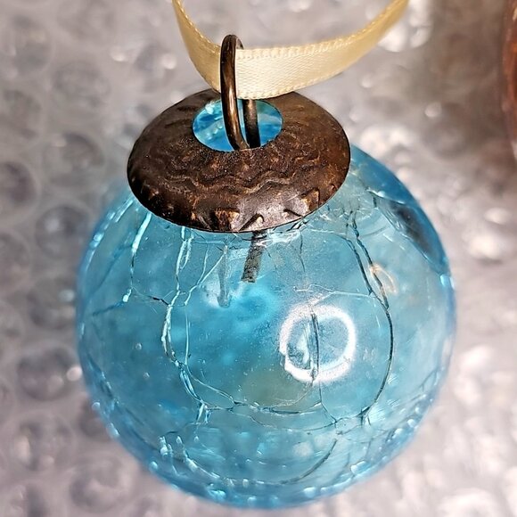 Crackle Glass Pair Christmas Ornaments 2pcs Blue And Gold - Picture 3 of 11